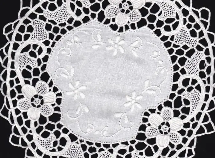 Introducing the Home Decor DIY Framed Doilies Art: Designer Choice Wall Decor—a meticulously crafted doily that showcases elaborate floral patterns and swirls. At its center lies a solid fabric adorned with embroidered flowers and scrolls, encompassed by open lacework featuring additional floral motifs. The design is set against a striking black background.