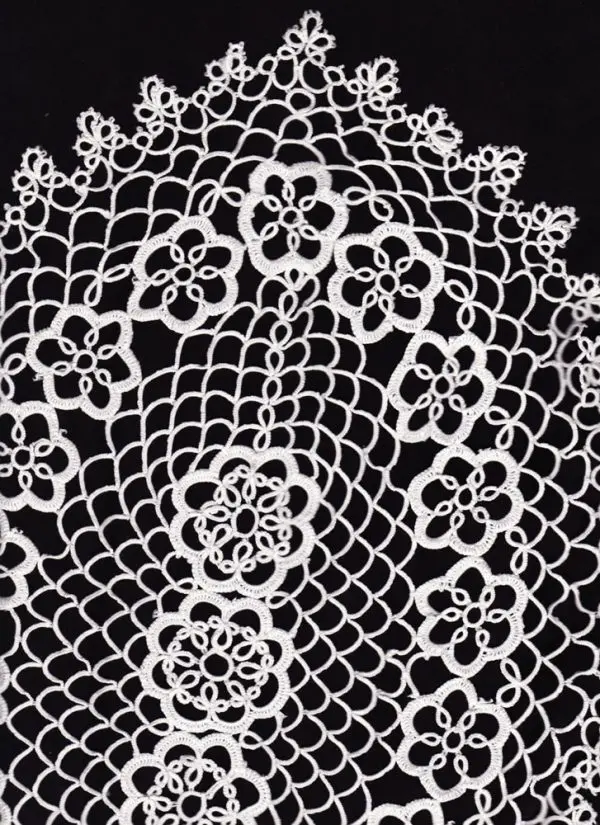 Intricate white lace with a symmetrical floral and leaf pattern, showcasing detailed embroidery against a black background. The design includes interlocking flowers surrounded by fan-like motifs, creating an elegant and delicate appearance.