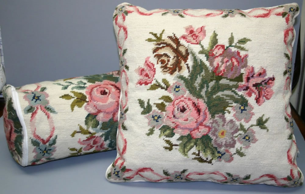 Pink Roses on Brown Back II Needlepoint Pillow