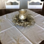 Golden Moments table topper is beautifully embroidered white candles with gold thread accents on easy care Viscose & Polyester blend.