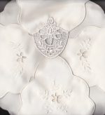 Close-up of the Macramé Lace Bun Warmer Cover, featuring ivory lace linen with delicate floral embroidery and layered design for a soft, elegant look.