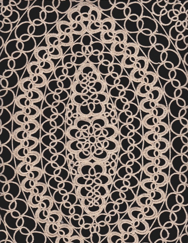 A close-up image of an intricate lace pattern with a repeating circular and oval design, featuring delicate loops and knots. The pattern is primarily beige set against a black background, showing fine craftsmanship and detailed symmetry.