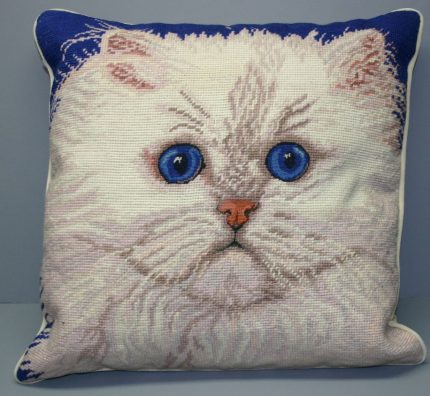 Needlepoint white Persian cat cushion