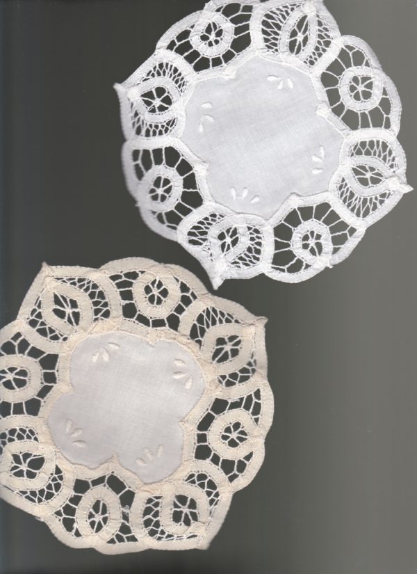 "Experience the magic of Battenburg Lace and hand-stitched floral accents. Coasters available in 6" or 8" sizes."