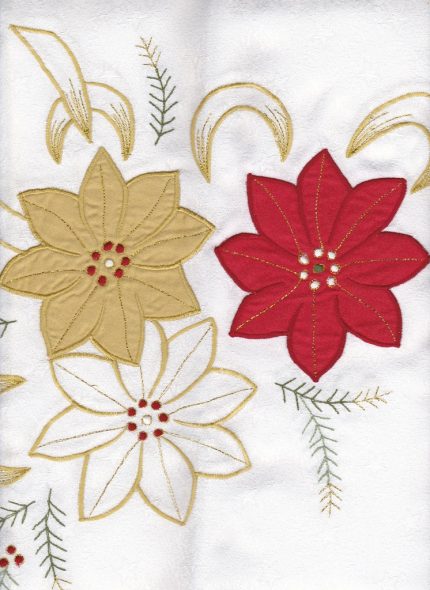 Red & Gold Poinsettia on White embossed fabric