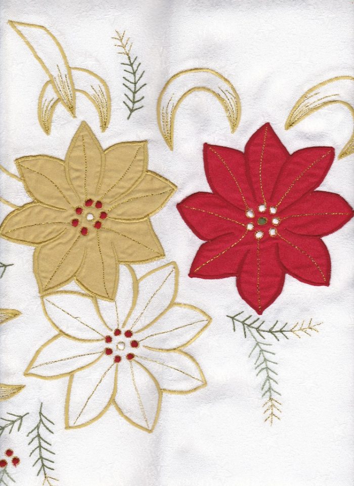 Red & Gold Poinsettia on White embossed fabric