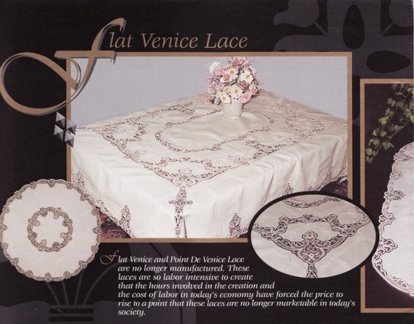"Marvel at the expertise as a simple needle and thread transform into an alluring Antique White Flat Venice Needle Lace Cantu Lace tablecloth. Imported Irish Linen ensures lasting value."