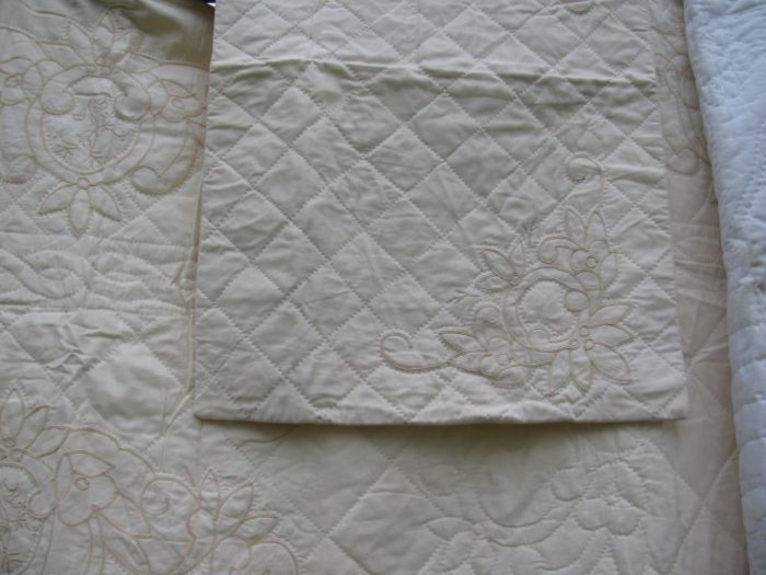 Close-up of the Ivory Pearl Braid Quilt, featuring beige quilted fabric with intricate floral embroidery. Spiral and leaf motifs create an elegant, textured appearance. A folded sham in the center highlights these details, emphasized by the scallop piping edge.
