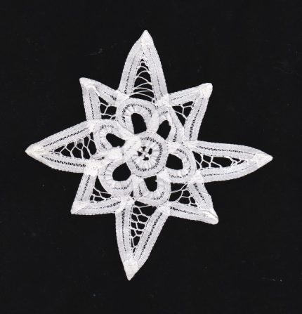 Wish Upon a Star — Handmade White Battenburg Lace Christmas Ornament, featuring a 6-point star with floral patterns, is displayed on a solid black background.