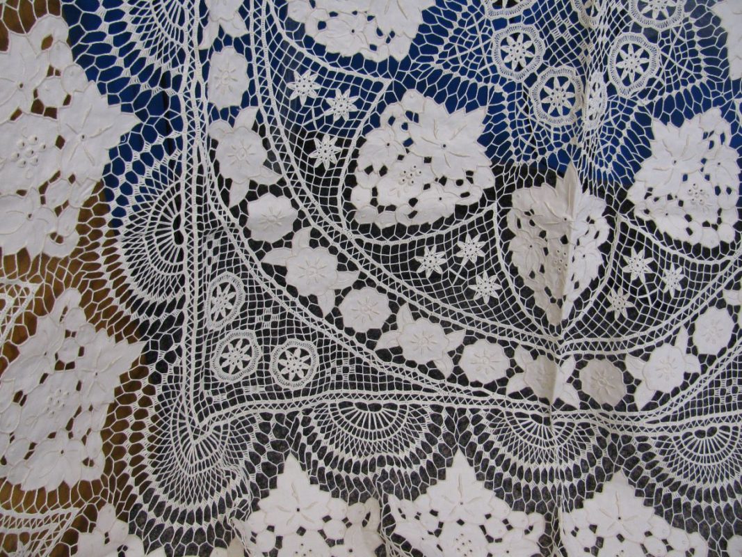 Celestial Garden handmade cotton tablecloth with cutwork embroidery and lace in natural ecru