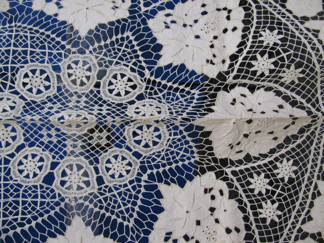 Celestial Garden handmade cotton tablecloth with cutwork embroidery and lace in natural ecru