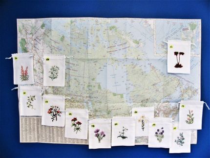The Canada Provincial Flower Embroidered Sachet Gift Bags – Set of 12 are displayed on a blue map, each pouch featuring a provincial or territorial flower and pinned to its respective location.