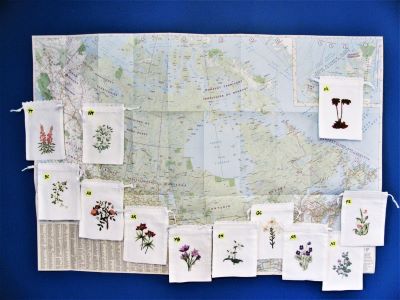 A map is pinned to a blue wall, surrounded by the Canada Provincial Flower Embroidered Sachet Gift Bags – Set of 12, each white bag featuring a botanical illustration and small yellow numbered label; the map shows a northern region with lakes and land.