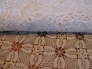 Irish Rose with Double crocheted Ring Lace full size tablecloths white or ecru.
