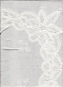 Baby Battenburg Lace 2 pieces Duvet with matching sham. The close-up shows hand embroidered details as an added touch.