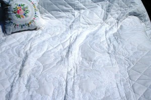 Pristine White handmade cotton Quilt with Battenburg Lace is a rare treasure