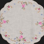 Morning Glory doily is hand appliqué with Cross Stitched accents. Available in round doilies or runners. Ecru or White