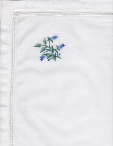 Hemstitched Rose in Blue colour on refreshing crisp white cotton with folded border.