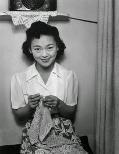 Crochet Lace doily available for sale renamed Ansel Adams - Mrs. Dennis Shimizu, photographed at Manzanar internment camp.