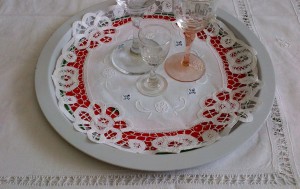 The magic of Battenburg Lace doily serving tray liner.