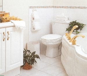 White and Beautiful Battenburg Lace Bathroom Decor and Accessories. 100% Cotton.
