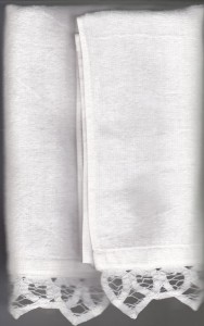 Battenburg Lace trimmed Velour Towel re-purposed as Silverware Roll for romantic picnics.