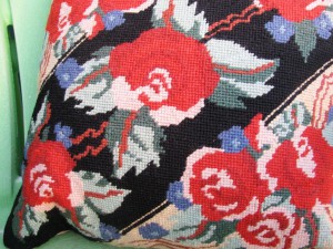 Needlepoint Tapestry pillow Black and Red with contemporary graphics in traditional hand work.