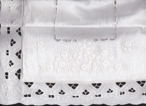 Cutwork & Embroidered Lingerie Bag is satin-lined and provides an elegant way to organize anything from delicate under garments to important keepsakes while traveling in style. Approximate size: 26x15" $14.95 each