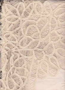 Classic Ecru Battenburg Lace tablecloth close up view.