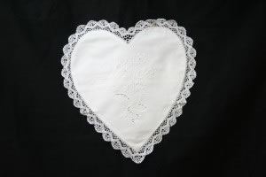 Cluny Lace Heart cushion cover & embroidered Delphiniums.