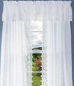 Filigree Eyelet Lace trimmed curtain panels is centre-part & romantic.