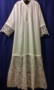 Liturgical White Albs for the clergy -DIY Battenburg Sunflower Allover Lace tablecloth.