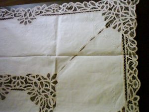 Classic Battneburg Lace tablecloth for formal country decoration.