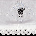 Blue Wedding Bell in Lace Bars & Buttonholed Picots -Full Tape Lace edged in crispy white cotton.
