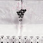 Pink Wedding Bell in Lace Bars & Buttonholed Picots -Full Tape Lace edged in crispy white cotton.