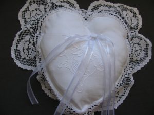 Tuscany Lace Heart shaped Wedding Ring Bearer Pillow with detailed hand embroidered Chrysanthemum