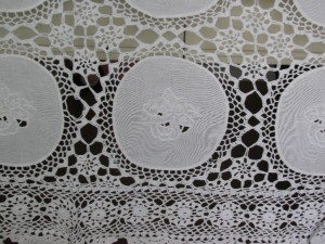 White Cotton Wedding Ring tablecloth features hand crocheted lace with White work embroidered rings.