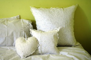 Pure White Cotton Solid Battenburg Lace pillows in Heart square or round shapes.