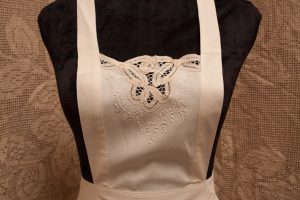 Vintage Ecru Cotton Battenburg Lace full length apron with hand made lace details