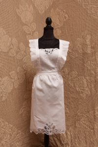 White embroidered Tulips with Battenburg Lace Pinafore Apron.