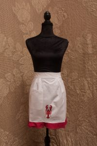 By the Sea: a whimsical apron for the kitchen! embroider red lobster. The Red and White Polka Dots edging adds a fun-loving humour.