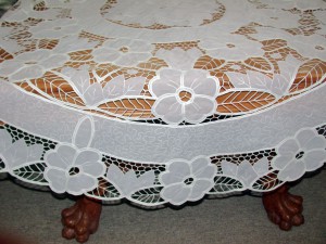 Crystal Lace Tablecloths: Round and Oblong- interesting combination of Cotton Battenburg Lace and Polyester sheer