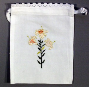 White Lily- Quebec provincial flower emblem embroidered Lavender Bags with lace trim.