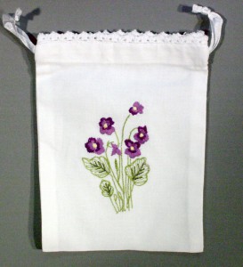 Purple Violets- New Brunswick provincial flower emblem embroidered Lavender Bags with lace trim.