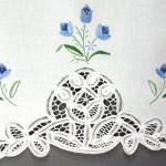 Blue embroidered Tulips with Battenburg Lace Pinafore Apron.