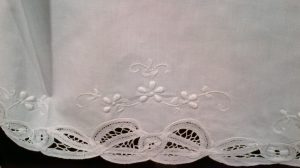 Full length apron French Maid Battenburg Lace Trapunto flower buds white cotton