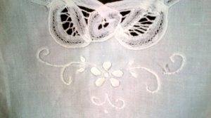 Full length apron French Maid Battenburg Lace Trapunto flower buds white cotton