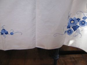 Applique Blue Roses with Trapunto stuffed applique Rosebuds dinner size oblong or oval table.