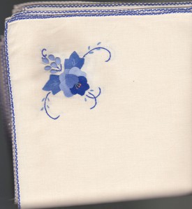 Hand Appliqué Blue Heritage Roses with Blue foliage dinner size napkins.
