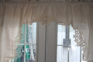 Cherry Blossoms Cutwork embroidery flowers and lace trim Teardrop valance.